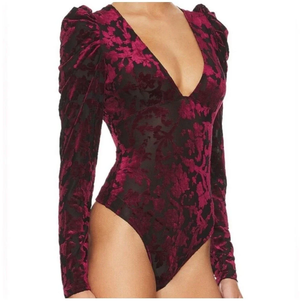 Intimately Free People Magic Hour Bodysuit Size Small Velvet Burnout Red Black